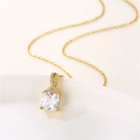 Square Zircon Pendant Necklace Stainless Steel Vacuum Gold Plated Geometric Micro Pave Minimalist Luxury For Women