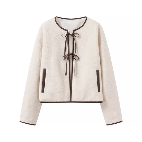 Elegante Damen Kurzjacke mit Lammwoll-Textur Rundhalsausschnitt Kontrast-Einfassung Schleifenverschluss Lockere Strickjacke Mantel