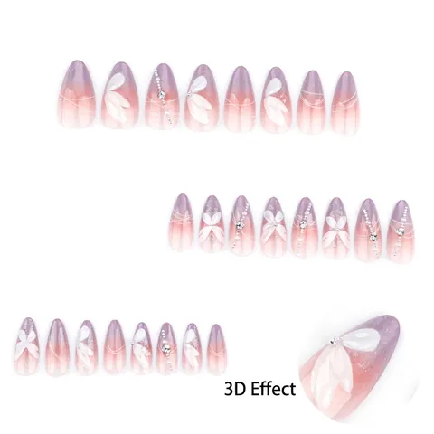 Französischer Stil Lila Farbverlauf Cat Eye Kunstnägel Mandelform Mit 3D Schmetterling Blumen Künstliche Perlen Strass Für Frauen