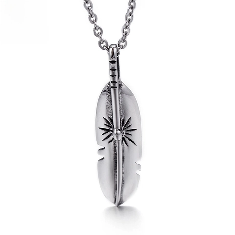 Pendentif Plume En Acier Inoxydable Rétro Motif Soleil Gravé Bijoux De Style Ethnique Vintage Pour Hommes Femmes