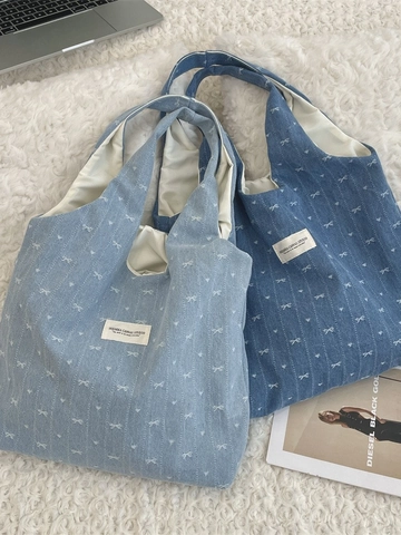 Damen Denim Tote Tasche Große Kapazität Schleife Druck Schultertasche Lässige Shopping Student Schultasche Mit Innentasche