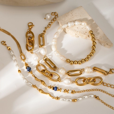 Colección De Pulseras De Acero Inoxidable Con Perlas Artificiales Conchas Estrellas De Mar Dijes De Chile Esmaltado Oro 18K Mujer