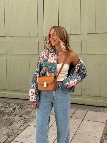 Women Quilted Jacket Patchwork Floral Print Long Sleeve Open Front Vintage Bohemian Lightweight Casual Outerwear Coat