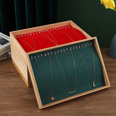 Necklace Display Tray Bamboo Wood Velvet Lining Jewelry Organizer Storage For Pendants Bracelets Exhibition Showpiece