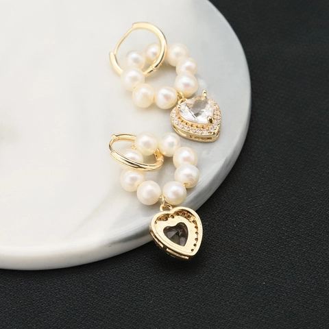 Elegant Freshwater Pearl Heart Hoop Earrings For Women 925 Sterling Silver Post Rhinestone 18K Gold Plated Ear Jewelry