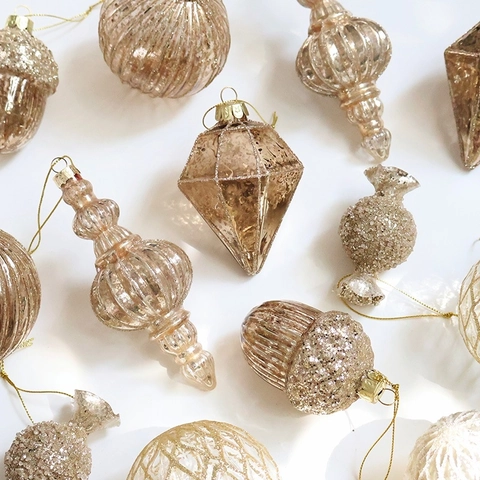 Ornements De Noël En Verre Or Champagne Vintage Pailleté Texturé Boule Pomme De Pin Bonbon Glaçon Pendentifs Décoration De Fêtes