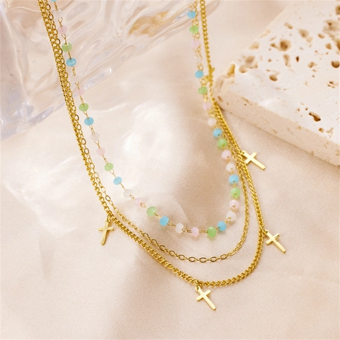 Collana A Triplo Strato In Acciaio Inossidabile Ciondoli A Croce Placcati Oro Perline Macaron Colorate Gioielli Moda Donna