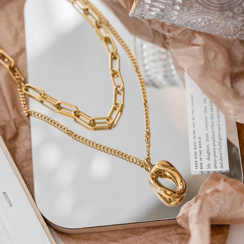 Collana Doppio Strato Acciaio Al Titanio Pendente Ovale Irregolare Geometrico Catena Graffetta Stile Punk Minimalista Per Donne