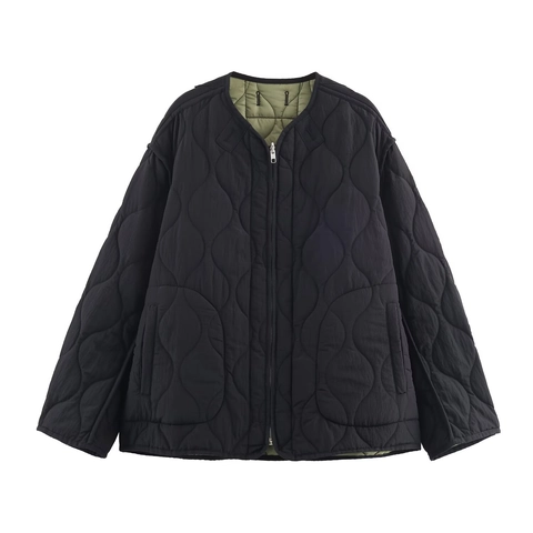 Veste Matelassée Femmes Réversible Légère Col Rond Fermeture Éclair Doublure Rétro Style Polyester