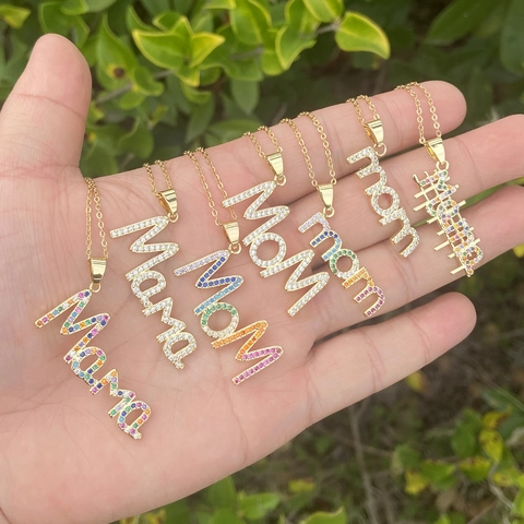 Collana Con Ciondolo Lettera Mom Mama Rame Placcato Oro 18K Zirconia Cubica Colorata Gioielli Regalo Festa Della Mamma