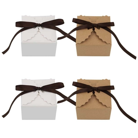 European Simple Square Kraft Paper Candy Box Scalloped Edge With Brown Ribbon Bow DIY Folding Gift Packaging Boxes For Wedding Party Favors