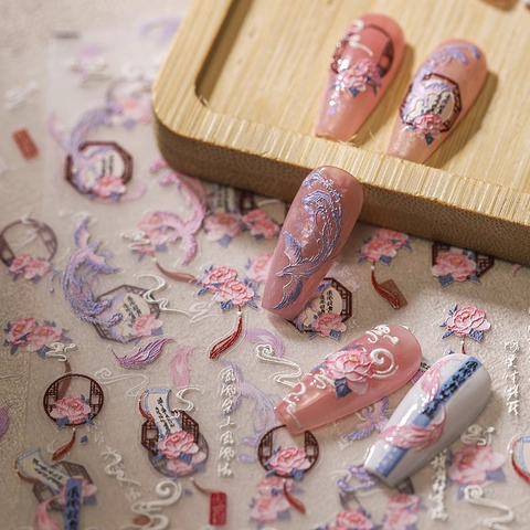 5D Embossed Nail Art Stickers Chinese Style Phoenix Peony Flower 3D Self Adhesive Retro Manicure Decals For Women