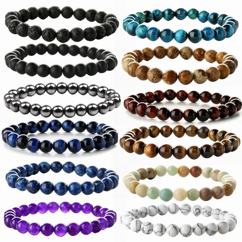 Natural Stone Beaded Bracelet Tiger Eye Agate Lava Rock Handmade Elastic Healing Jewelry For Men