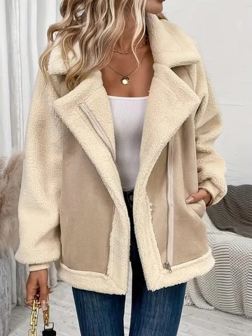 Damen Bikerjacke Aus Wildlederimitat Und Sherpa Patchwork Revers Oversize Warmer Wintermantel Beige
