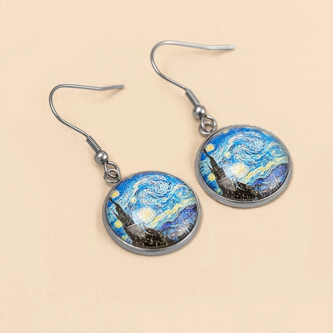 Retro Kunst Ölgemälde Glas Cabochon Tropfen Ohrhänger Van Gogh Sternennacht Klimt Der Kuss Stil Schmuck Damen