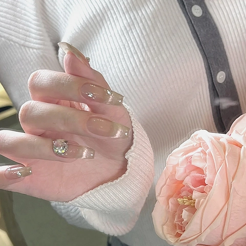 Press On Nails Lang Sarg Cat Eye Strass Herz Luxus Fee Gradient Nude Rosa Künstliche Falsche Fingernägel