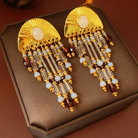 Vintage Böhmische Quasten Ohrhänger Legierung Glasperlen Statement Ethno Stil Mit Silver Earring Post Für Damen