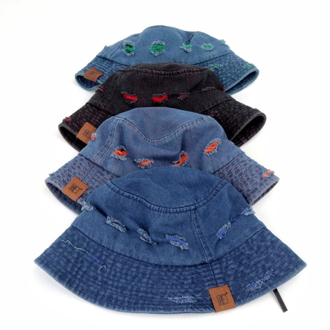 Chapeau Bob En Denim Délavé Distressed Trou Déchiré Coloré Coutures Contrastées Streetwear Rétro Extérieur Unisexe