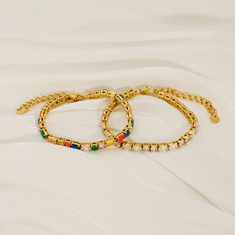 Stainless Steel Tennis Bracelet 18K Gold Plated Cubic Zirconia Oval Cut Clear Multicolor Fashion Jewelry For Women Adjustable