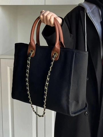 Große Canvas Tote Bag Minimalistische Handtasche Mit Ledergriffen Und Kettenriemen Für Damen Arbeit Pendeln Alltag