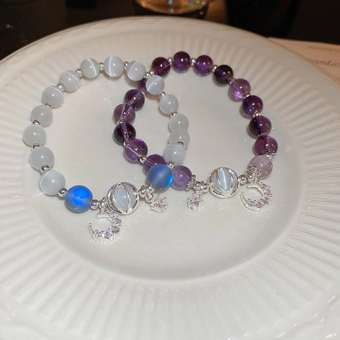 Katzenauge Stein Perlenarmband Mit Kupfer Mond Stern Anhänger Und Zirkon Vintage Eleganter Schmuck Für Damen