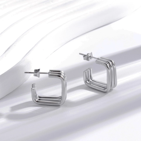 Geometric Triple-Line Square C-Shape Hoop Earrings Minimalist Titanium Stainless Steel Jewelry For Women