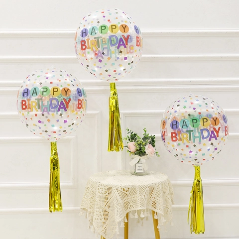 Transparent Happy Birthday Balloons 4D Bobo Aluminum Film Colorful Confetti Prints Festive Party Decorations