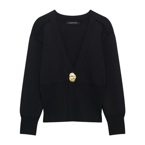 Dames V-Hals Gebreid Vest Met Irreguliere Gouden Metalen Knoop Effen Kleur Lange Mouw Casual Chic Geribbelde Zoom Trui