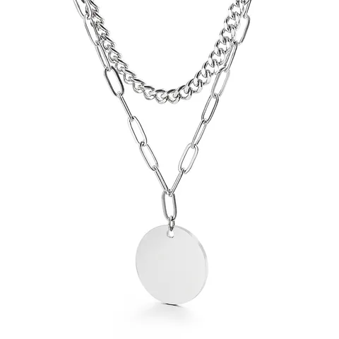 Double Layer Necklace With Round Tag Pendant 316L Stainless Steel Paperclip And Cuban Chain Hypoallergenic Jewelry