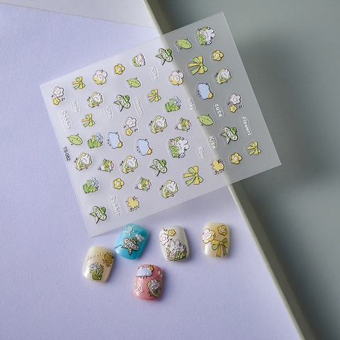 5D Embossed Nail Stickers Cartoon Rabbit Flower Pattern Waterproof Nail Art Decals Kids Girls Fashion Decor