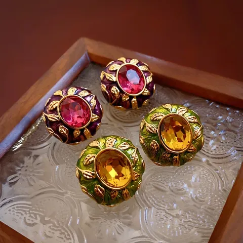 Vintage Palace Style Copper Stud Earrings With 925 Sterling Silver Earring Post Enamel Flower Rhinestone For Women