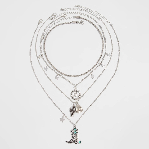 Bohemian Layered Necklace Alloy Turquoise Western Cowboy Cactus Horseshoe Hat Boot Charm Jewelry Women Accessories
