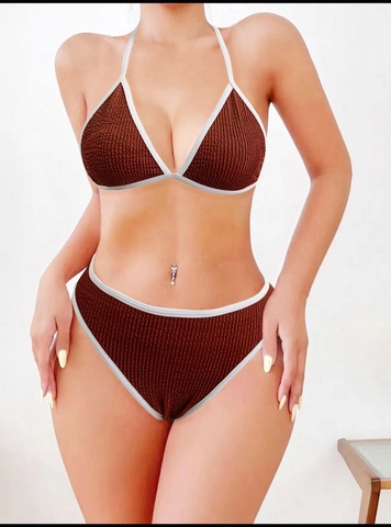 Halter Triangle Top And High Cut Bottom Bikini Textured Contrast Trim Sexy Summer Beachwear Women Solid Color
