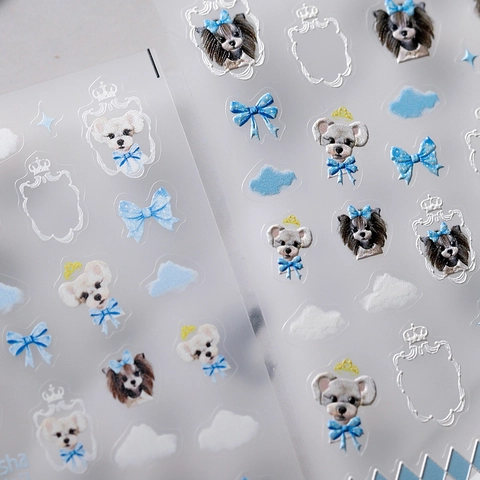 Autocollants Art Ongles Relief 5D Chien Dessin Animé Noeuds Bleus Auto-Adhésifs PET Manucure DIY