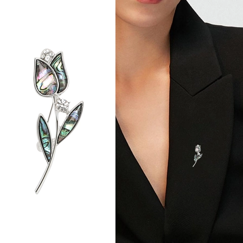 Broche de Tulipán de Aleación Vintage Con Incrustación de Concha de Abolón Diamantes de Imitación Elegante Pin de Flor Plateada Joyería
