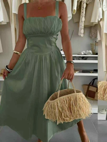 Elegant Square Neck Pleated Smocked Maxi Dress Backless High Waist A-Line Big Swing Vacation Summer Sleeveless Polyester