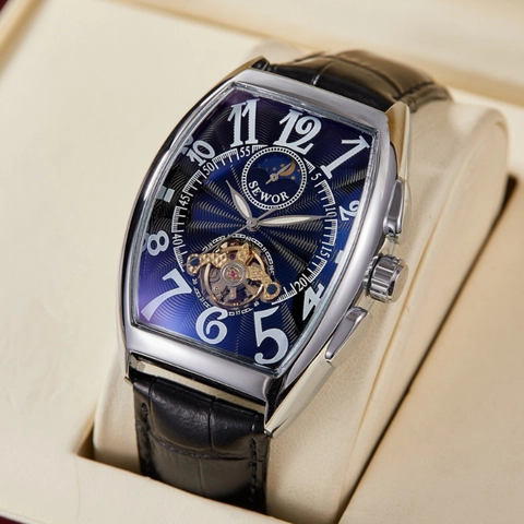 Men Automatic Mechanical Watch Tonneau Stainless Steel Case Leather Strap Moon Phase Open Heart Business Fashion