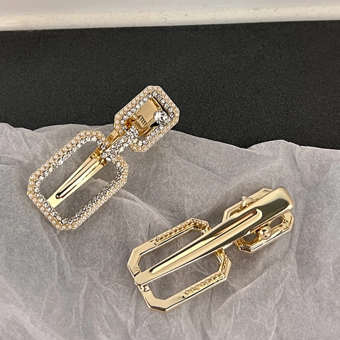 Elegant Alloy Rhinestone Artificial Pearl Geometric Square Duckbill Clip Gold Fashion Hairpin Hair Accessories For Women