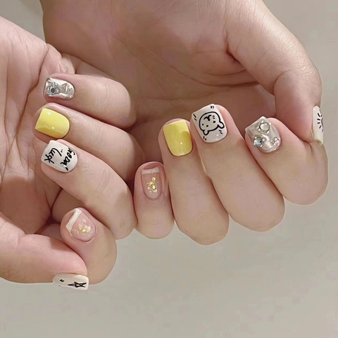 Press On Nails Short Square Hand Painted Cartoon Stars Sun Cat With Rhinestones Gold Foil And Glue Cute Style False Nails