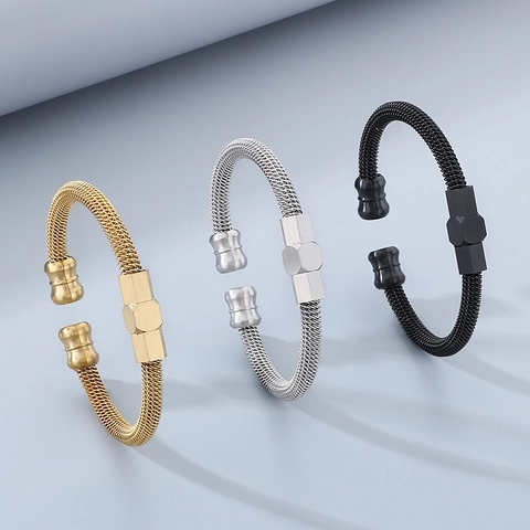 Stainless Steel Cable Wire Cuff Bracelet Hexagonal Bead Industrial Style Open Bangle Jewelry For Men Women