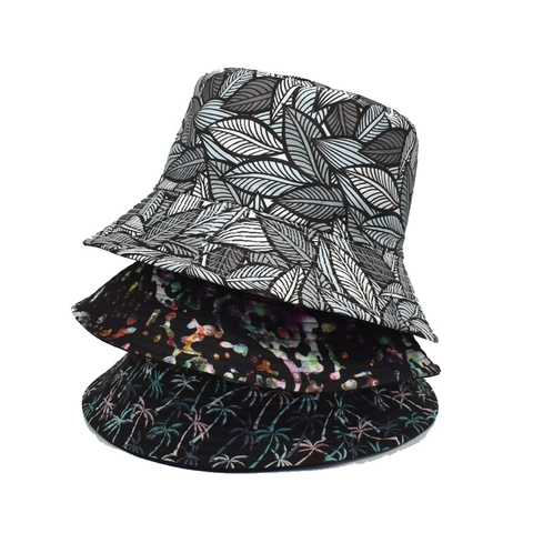 Chapeau Bob Imprimé Coton Polyester Réversible Protection Solaire Large Bord Palmier Tropical Feuille Motif Abstrait Unisexe