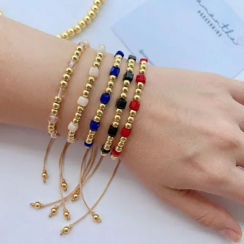 Crystal Bead Bracelet 18K Gold Plated Copper Square Cube Adjustable Drawstring Minimalist Bohemian Jewelry For Women