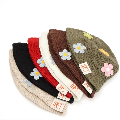 Handmade Crochet Flower Bucket Hat Cotton Knit Warm Winter Windproof Sweet Pastoral Style For Women