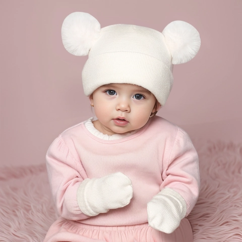 Bonnet Et Moufles D'Hiver Pour Bébé En Tricot Acrylique Double Pompons Protection Des Oreilles Style Mignon