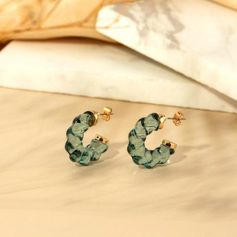 Koreanische Mode Gedreht Transparent Smaragdgrün Harz Edelstahl Creolen Für Damen Minimalistisch C Form Gold Ohrstecker