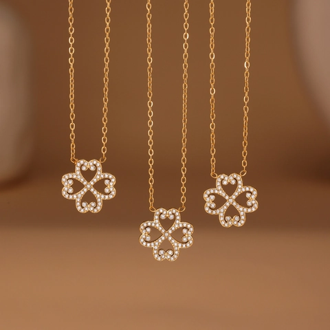 Bijoux En Acier Inoxydable Multicouches Pour Femmes Trèfle À Quatre Feuilles Cœur Zircon Collier Et Bracelet Plaqué Or