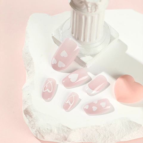 Press On Nails White Heart Pattern French Tip Almond Shape Glossy False Nails Elegant Sweet Style For Women