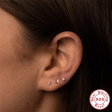 925 Sterling Silver Cartilage Stud Earring Internal Thread Flat Back Geometric Zirconia Helix Piercing Jewelry For Women