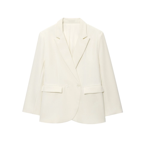 Women Solid Color Double Breasted Blazer And Flared Pants Elegant Office Long Sleeve Streetwear Suit Cream