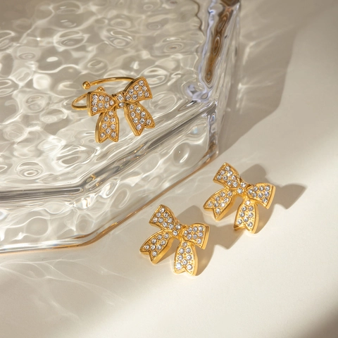 Vintage Stainless Steel Bow Rhinestone Stud Earrings And Open Ring For Women Gold Plated Bowknot Jewelry Collection